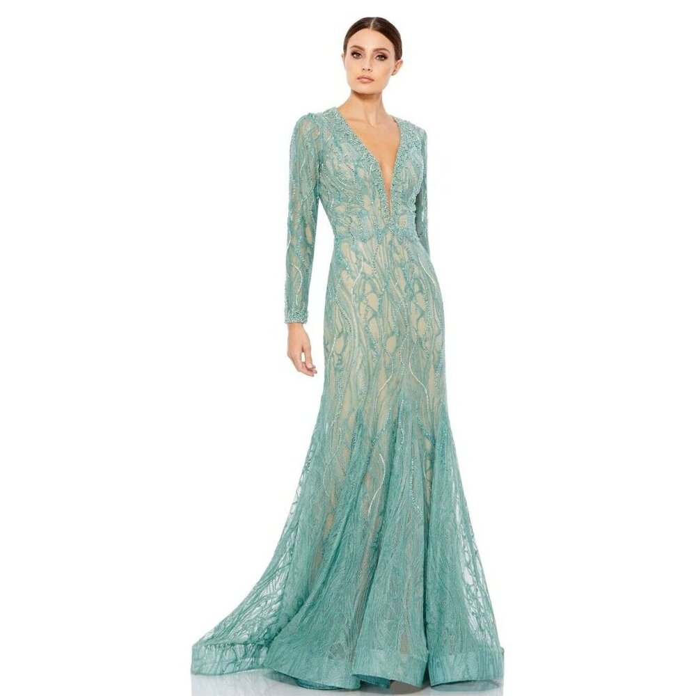 NWT Mac Duggal long Sleeve Sheer Laced Trumpet‎ Long Dress Gown 79291 Sage